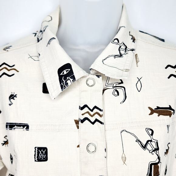 Chico's Design Vintage Tan Egyptian Hieroglyph  Fishing Print Jacket Size M - Picture 6 of 14